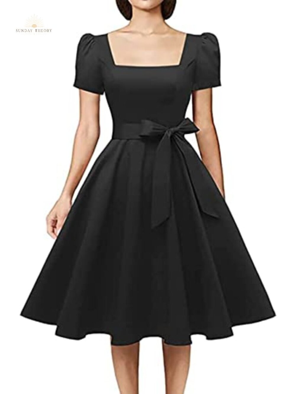 Square Neck Ruffle Sleeve A-Line Cocktail Dress with Pockets & Belt